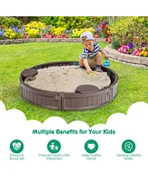 Costway 4F Wooden Sandbox w/Built-in Corner Seat, Cover, Bottom Liner for Outdoor Play