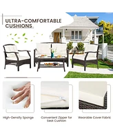 4 Pcs Outdoor Rattan Conversation Set Patio Rattan Sofa Set W/ Protective Cover