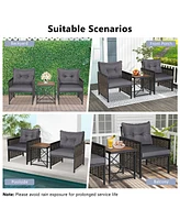 3 Pcs Patio Rattan Furniture Set Acacia Wood Coffee Table & 2 Chairs Backyard