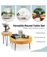 Costway Farmhouse Round Coffee Table Set of 2 End Table Natural Finish for Living Room