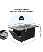 52'' Propane Fire Pit Table Marble Tabletop Rattan Wicker w/ Rain Cover Lava Rock