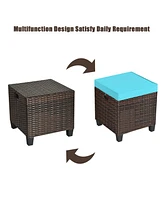 Gymax Set of 2 Patio Rattan Ottoman Footrest Garden Outdoor w/ Turquoise Cushion