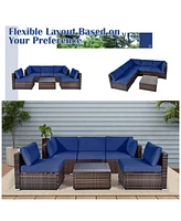 Gymax 6PCS Rattan Outdoor Sectional Sofa Set Patio Furniture Set w/ Navy Cushions