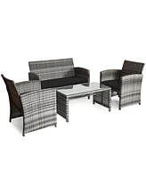 Gymax 8PCS Patio Outdoor Rattan Conversation Furniture Set w/ Black Cushion