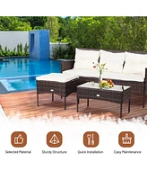 Gymax 3PCS Patio Rattan Sectional Conversation Furniture Set w/ Off White Cushions