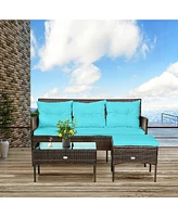 Gymax 3PCS Patio Rattan Sectional Conversation Furniture Set w/ Turqouise Cushions