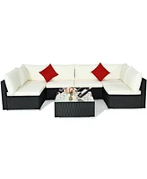 Costway 7PCS Patio Rattan Furniture Set Sectional Sofa Cushioned Glass Table