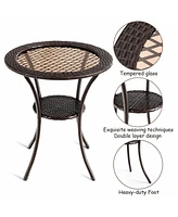 Gymax Round Rattan Wicker Coffee Table Glass Top Steel Frame Patio Furni W/Lower Shelf