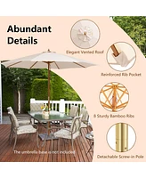 Costway 10FT Patio Wooden Market Table Umbrella Pulley w/8 Bamboo Ribs Sunshade Canopy