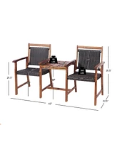 Costway 2-Seat Patio Rattan Bench Acacia Wood Frame Table W/Umbrella Hole Deck