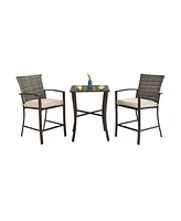 Costway 3PCS Patio Rattan Bar Furniture Set Slat Table 2 Cushioned Stools Poolside