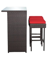 Costway 3PCS Patio Rattan Wicker Bar Table Stools Dining Set Cushioned