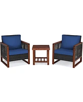 Costway 3PCS Patio Wicker Furniture Set Solid Wood Frame Cushion Sofa w/ Square Table Shelf