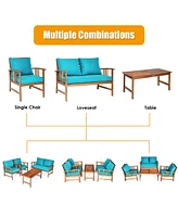 Gymax 4pcs Wooden Patio Furniture Set Table & Sectional Sofa w/ Turquoise Cushion