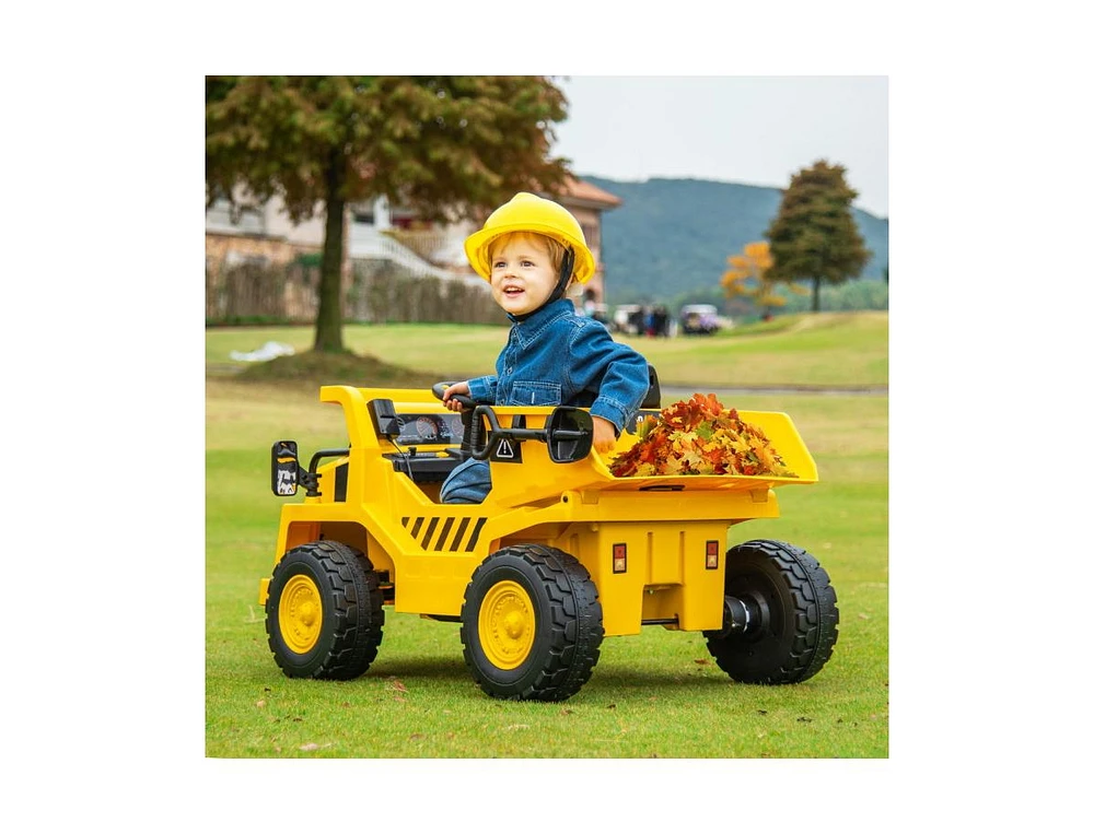 Slickblue 12V Caterpillar Licensed Kids Ride on Dump Truck with Tiltable Bump Bed-Yellow