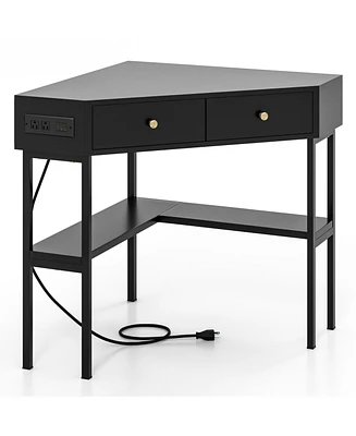 Slickblue Space Saving Corner Computer Desk with 2 Large Drawers and Storage Shelf