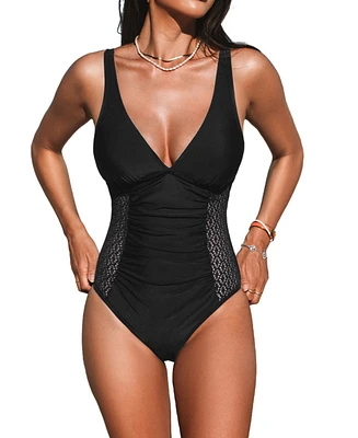 Cupshe Women's s Ruched Tummy Control Lace One Piece Swimsuit