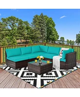 Gymax 6PCS Rattan Outdoor Sectional Sofa Set Patio Furniture Set w/ Turquoise Cushions