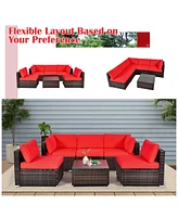 Gymax 6PCS Rattan Outdoor Sectional Sofa Set Patio Furniture Set w/ Red Cushions