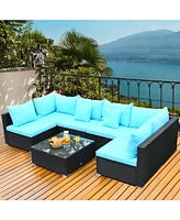 Gymax 7PCS Rattan Patio Conversation Set Sectional Furniture Set w/ Blue Cushion