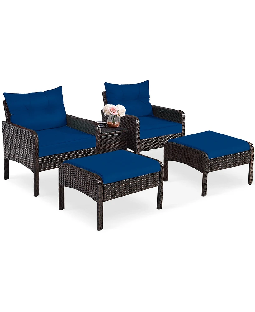 Gymax 5PCS Patio Set Sectional Rattan Wicker Furniture Set w/ Navy Cushion