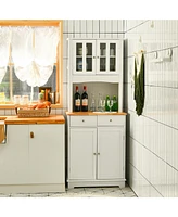 Sugift Kitchen Pantry Cabinet with Wood Top and Hutch