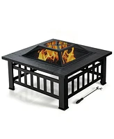 Gymax 32'' 3 in 1 Outdoor Square Fire Pit Table W/ Bbq Grill Rain Cover for Camping