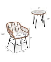 3PCS Patio Rattan Bistro Set Coffee Table Armchair Garden