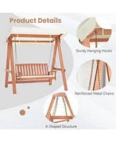 Wood Porch Swing with Canopy Outdoor Patio 2-Seat Swing Bench with Cushions Backyard
