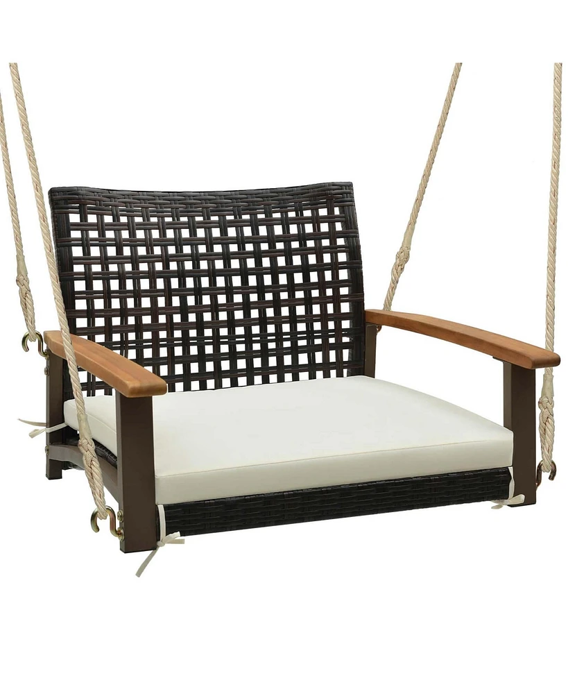 Costway Outdoor Single Swing Chair Bench 1-Person Rattan Porch Swing with Cushion