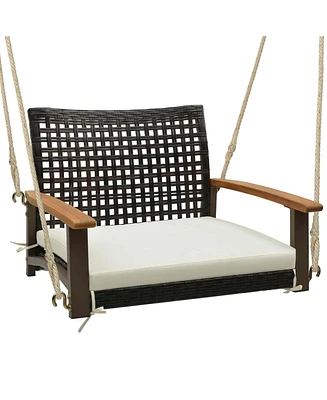 Costway Outdoor Single Swing Chair Bench 1-Person Rattan Porch Swing with Cushion