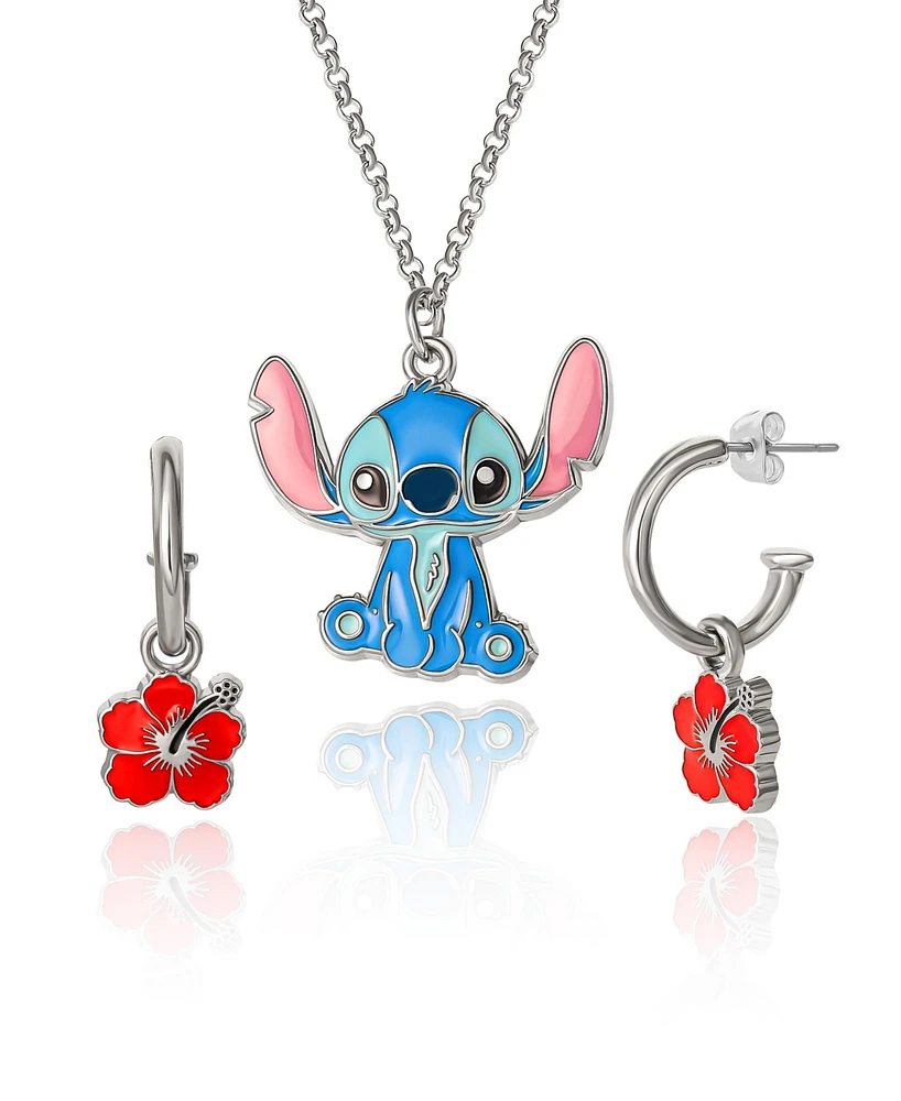 Disney Lilo and Stitch Fashion Stitch Necklace & Flower Earrings Set