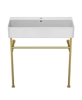 Simplie Fun 32" Bathroom Console Sink With Overflow, Ceramic Console Sink White Basin Gold Legs