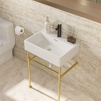 Streamdale Furniture 24" Bathroom Console Sink With Overflow, Ceramic Console Sink White Basin Gold Legs