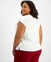 Tahari Asl Plus Size Satin Boat-Neck Cap-Sleeve Top