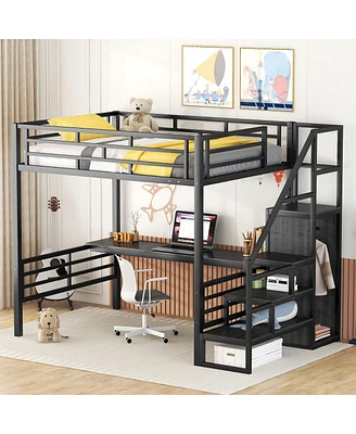 Simplie Fun Metal Loft Bed with Desk, Staircase, Storage & Wardrobe