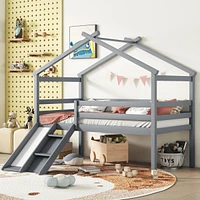 Streamdale Furniture Twin Low Loft House Bed With Slide, Ladder, Safety Guardrails, House Roof Frame, Grey