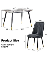 Stone Table & Pu Leather Chair Set - Black Metal Legs - 1 Table & 4 Chairs