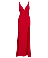 Mac Duggal Women's Ieena Plunge Neck High Slit Gown