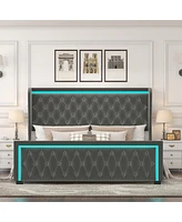 Grey Velvet King Bed Frame with Led Headboard