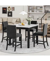 Simplie Fun 5 Piece Velvet Chair Dining Set with Faux Marble Table, Black