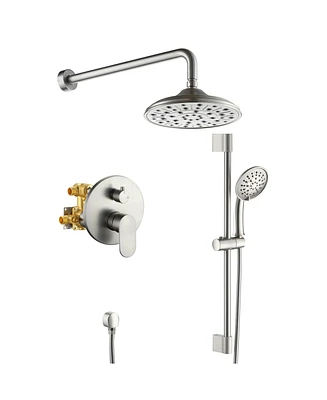 Mondawe 8" Wall Mounted Rainfall Thermostatic Shower System Set with Handheld Spray & Handlebar, Brushed Gold