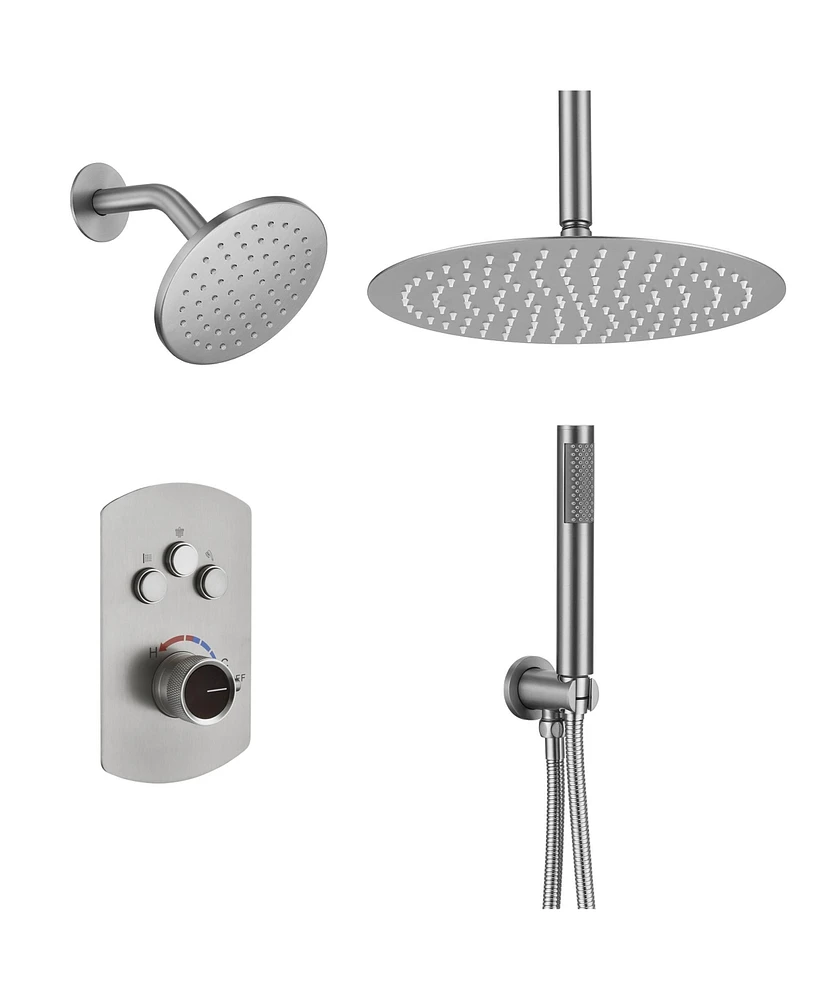 Mondawe 12" Round Ceiling Mounted Thermostatic Shower System Set with Handheld Spray, Brushed Nickel