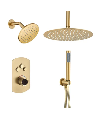 Mondawe 12" Round Ceiling Mounted Thermostatic Shower System Set with Handheld Spray, Brushed Nickel