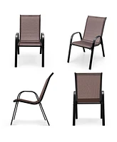 Gymax 4PCS Patio Stacking Dining Chairs w/ Curved Armrests & Breathable Seat Fabric Brown