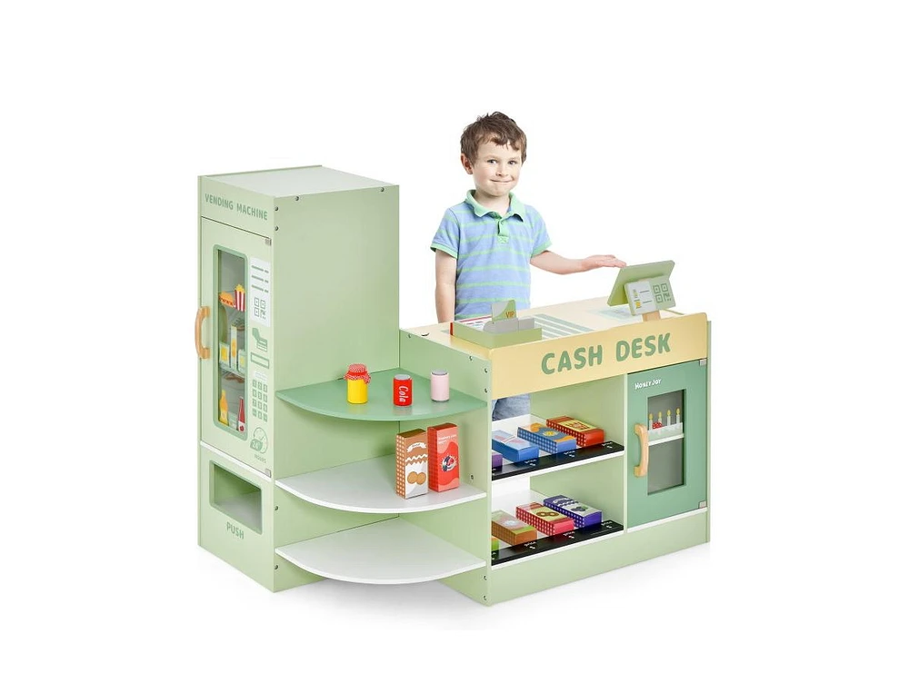 Slickblue Kids Wooden Supermarket Play Toy Set with Checkout Counter-Green