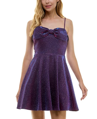 City Studios Juniors' Straight-Neck Bow-Trim Skater Dress