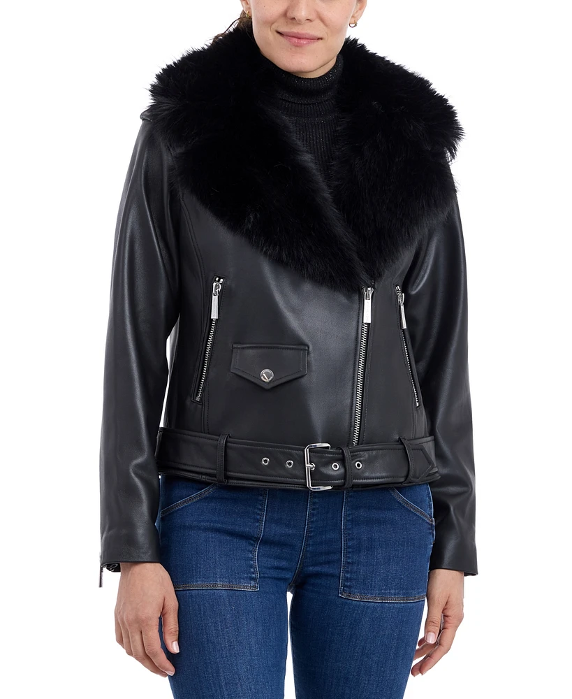 Michael Kors Petite Faux-Fur-Collar Leather Moto Coat