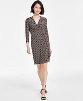 Anne Klein Petite Printed Faux-Wrap 3/4-Sleeve Dress