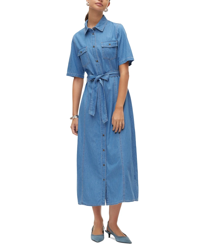 Vero Moda Women's Vio Tie-Waist Cotton Denim Midi Shirtdress